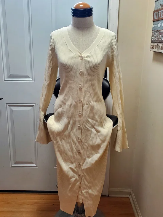 a new day Cream Ribbed Button-Front V-Neck Maxi Dress - Picture 2 of 5